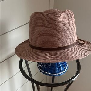 Anthropologie Blush Straw Hat with Dark Brown Leather Band